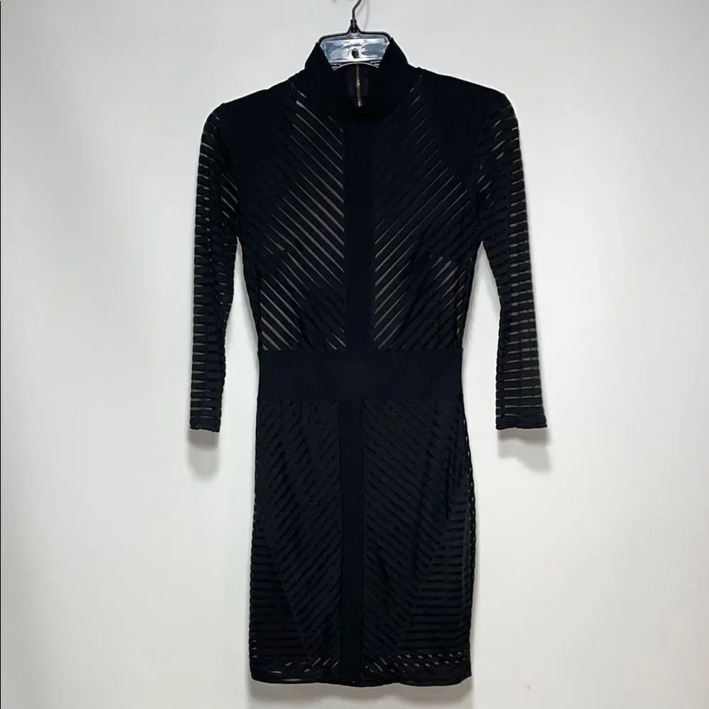 Fashion Nove Black Bodycon Dress with transparent stripes, and 3/4 Sleeves.